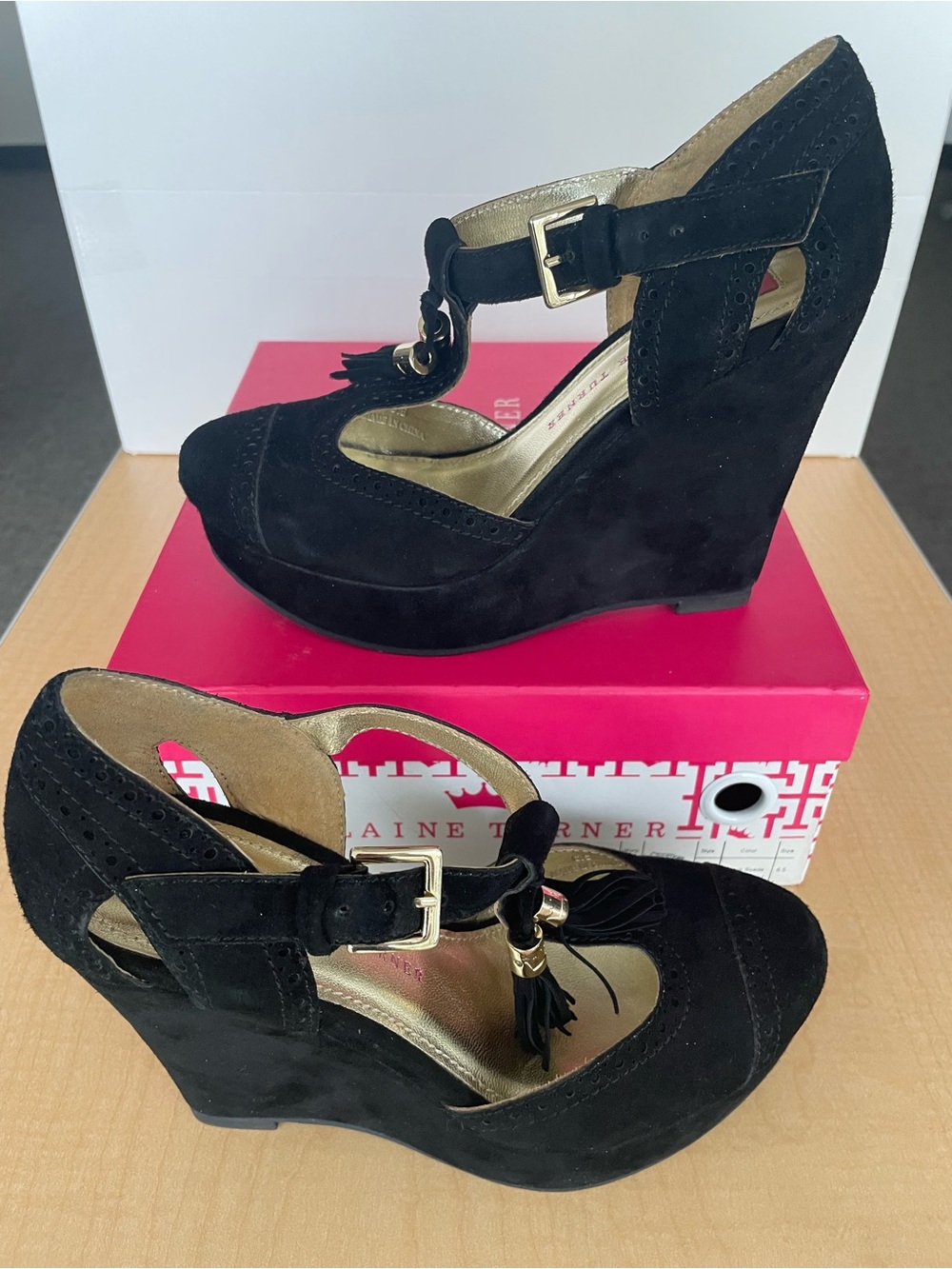 Elaine Turner Black Suede Tassel Wedge Sandals